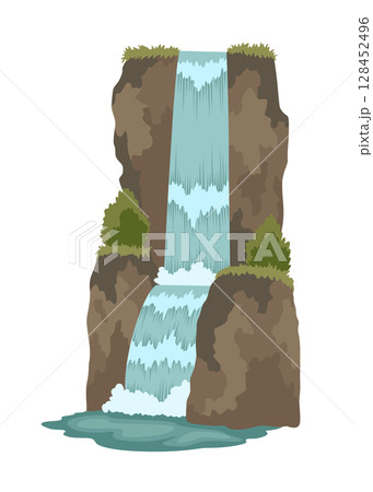 Cartoon river cascade waterfall. Landscape with mountains and trees. Design element for travel brochure or illustration mobile game. Fresh natural water 128452496