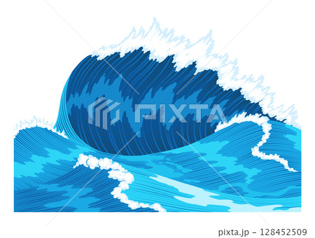 Ocean waves, splash water, marine sea storm element. Blue sea or ocean wave with spray, foam on crest. Vector illustration Ocean waves, splash water, marine sea storm element. Blue sea or ocean wave with spray, foam on crest. Vector illustration 128452509