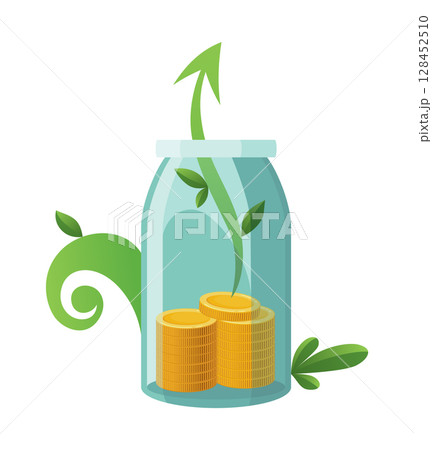 Investing bottle money, icon. Money growing concept, finance savings tree, finances investment. Money growing plant step with deposit coin in bank concept Investing bottle money, icon. Money growing concept, finance savings tree, finances investment. Money growing plant step with deposit coin in bank concept 128452510