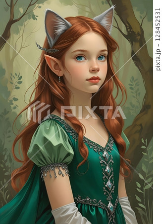 猫耳の美しい少女・ファンタジーTRPGキャラクターのポートレートイラスト 128452531