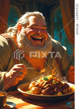大食いな男性・ファンタジーTRPGキャラクターのポートレートイラスト 128452532