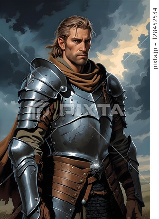 甲冑に身を包んだたくましい男性戦士・ファンタジーTRPGキャラクターのポートレートイラスト 128452534