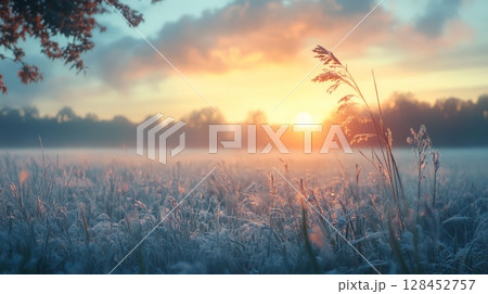 Frozen grass blades shimmering in golden sunrise over misty field 128452757