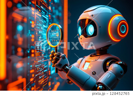 Robot examines digital data with a magnifying glass in a futuristic environment filled with glowing screens 128452765