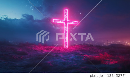 Glowing neon cross illuminating night landscape with city lights in background 128452774