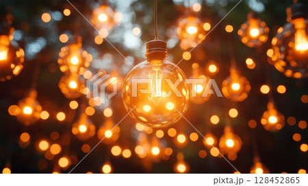 Round light bulb hanging, creating a warm, glowing ambiance 128452865