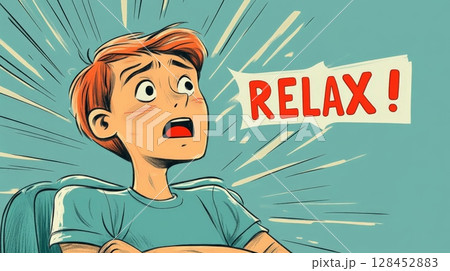 Scared boy trying to relax in comic style illustration Scared boy trying to relax in comic style illustration 128452883