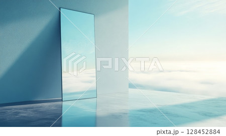 Mirror reflecting clouds in minimalist room with polished floor Mirror reflecting clouds in minimalist room with polished floor 128452884