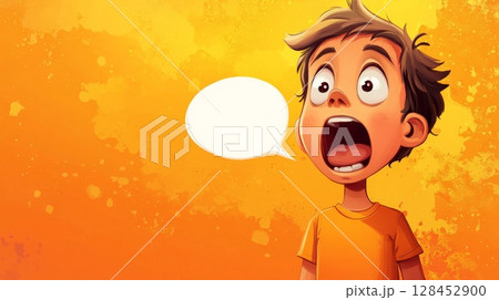 Shocked child screaming with blank speech bubble on orange background 128452900