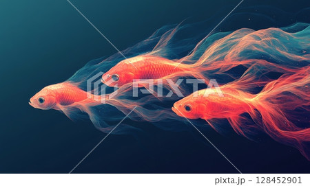 Three goldfish swimming together with flowing abstract tails 128452901
