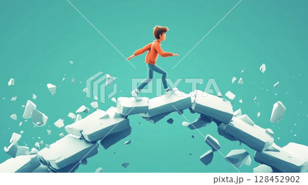 Young boy walking on a crumbling bridge facing a challenge 128452902