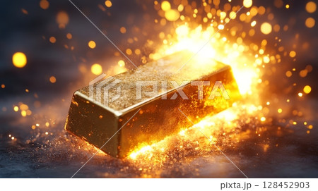 Gold bar surrounded by fire and sparks generating heat and light 128452903