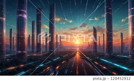 ゲーム背景 スピード感ある未来の摩天楼都市夕方 ゲーム背景 スピード感ある未来の摩天楼都市夕方 128452912