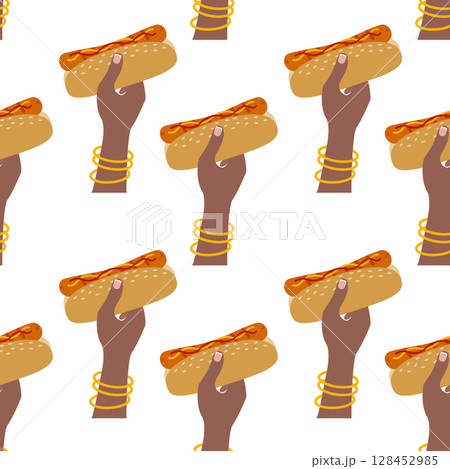 Afro American Female hands Hold Hot Dog with mustard and ketchup Seamless Pattern Fast Food Backdrop 128452985