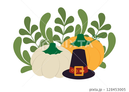 Pumpkins White and Orange and Pilgrim hat against Abstract leaves Thanksgiving greeting Composition 128453005