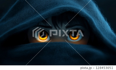 Mysterious child hiding face with glowing eyes in dark background 128453051
