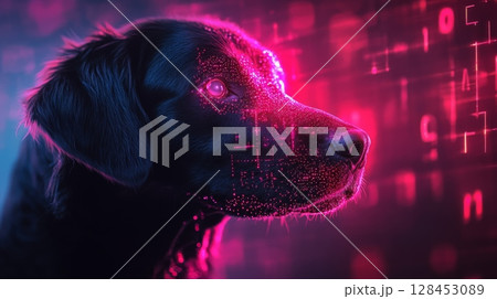 Black labrador retriever emerging from technological particles and digital rain 128453089