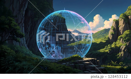 ゲーム背景　未来的デジタルワールドのレーダー地球儀 128453112