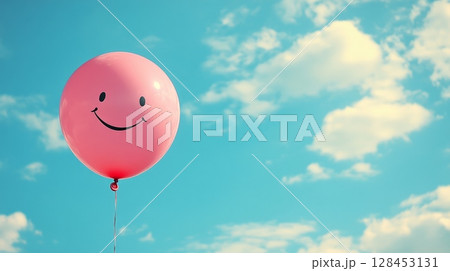 Pink balloon smiling in the blue sky with clouds 128453131