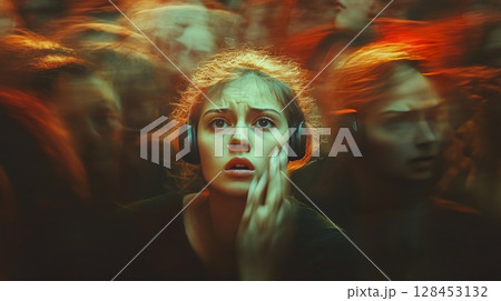 Young woman feeling anxiety and panic attack wearing headphones in crowd 128453132