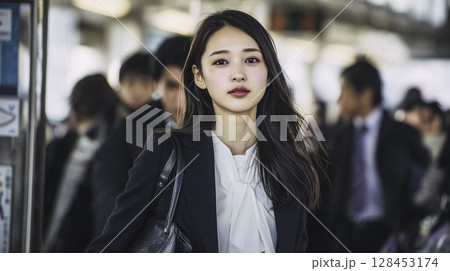 駅の改札を抜けた日本人女性が会社へ向かうシーン 駅の改札を抜けた日本人女性が会社へ向かうシーン 128453174