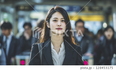 駅の改札を抜けた日本人女性が会社へ向かうシーン 128453175