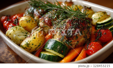 Oven-roasted rabbit with carrots, zucchini, and onions Oven-roasted rabbit with carrots, zucchini, and onions 128453215