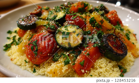 Delightful couscous with vibrant vegetables served at a cozy kitchen table Delightful couscous with vibrant vegetables served at a cozy kitchen table 128453216