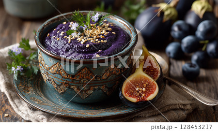 Delicious crema di melanzane served in an ornate bowl with figs and herbs Delicious crema di melanzane served in an ornate bowl with figs and herbs 128453217