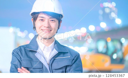腕組みをしながらヘルメットを被った作業員 128453367