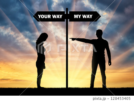 Silhouette of an egoistic man and a sad woman whom he drives away Silhouette of an egoistic man and a sad woman whom he drives away 128453405