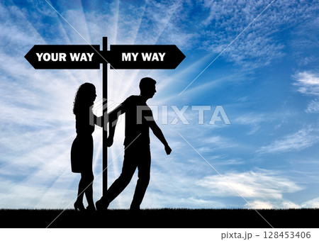 Silhouette of an egotistic man and a woman who tries to stop him so that he does not abandon her. Silhouette of an egotistic man and a woman who tries to stop him so that he does not abandon her. 128453406