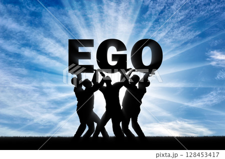 The silhouette of a selfish crowd holds the word ego. The silhouette of a selfish crowd holds the word ego. 128453417