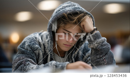 Teen boy in hoodie focused on heart rate monitor during study session 128453436