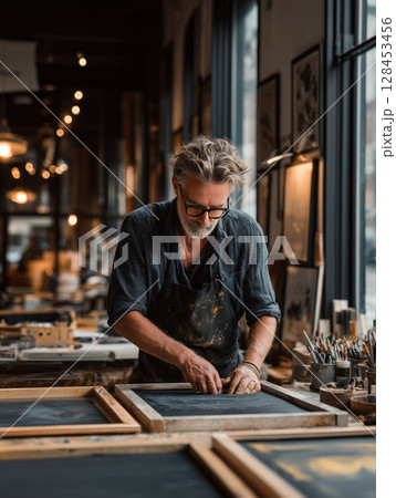 Master artist meticulously prepares frames in a vibrant studio setting 128453456