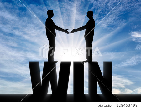 Silhouette two men are going to shake hands, standing on the word win. Silhouette two men are going to shake hands, standing on the word win. 128453498