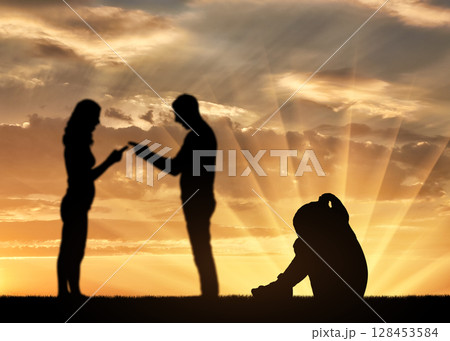 A little girl is crying by her parents who are quarreling A little girl is crying by her parents who are quarreling 128453584