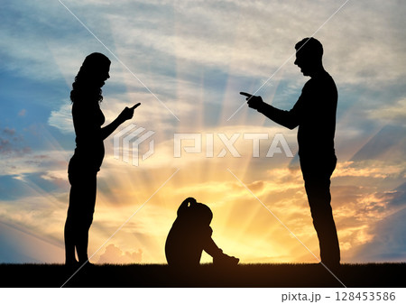 A little girl is crying, hearing how her parents quarrel A little girl is crying, hearing how her parents quarrel 128453586
