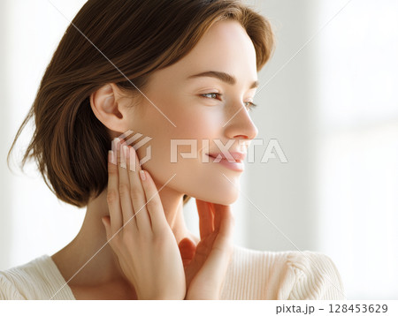 健康的な美肌を見せる笑顔の女性 128453629
