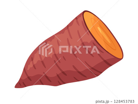 Sweet potato batata. Vegatable ingidient for healthy food. Organic vegetable root, healthy vegan or nutrition carbohydrate. Vector illustration in cartoon flat style. Isolated on white background Sweet potato batata. Vegatable ingidient for healthy food. Organic vegetable root, healthy vegan or nutrition carbohydrate. Vector illustration in cartoon flat style. Isolated on white background 128453783