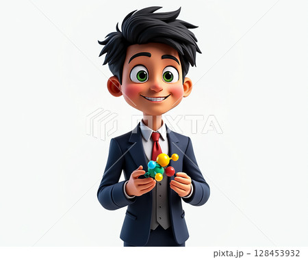 Young scientist with a molecular model smiles proudly while wearing a suit at a science fair 128453932