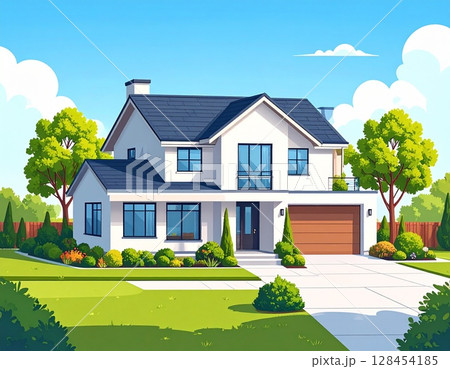 斜め上から見た一軒家の外観イラスト 128454185