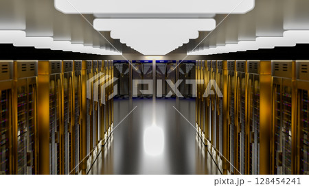 Server room data center. Backup, mining, hosting, mainframe, farm and computer rack with storage information. 3d render 128454241