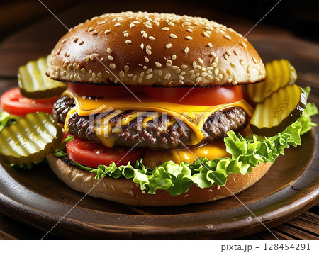 お皿に乗ったハンバーガー お皿に乗ったハンバーガー 128454291