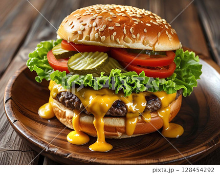 お皿に乗ったハンバーガー 128454292