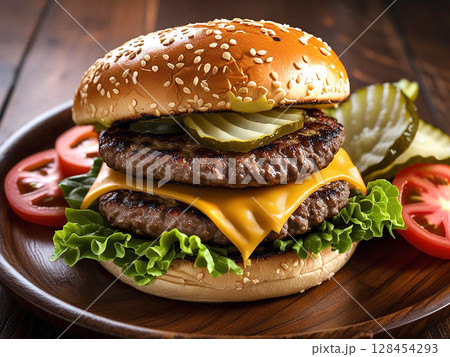 お皿に乗ったハンバーガー お皿に乗ったハンバーガー 128454293