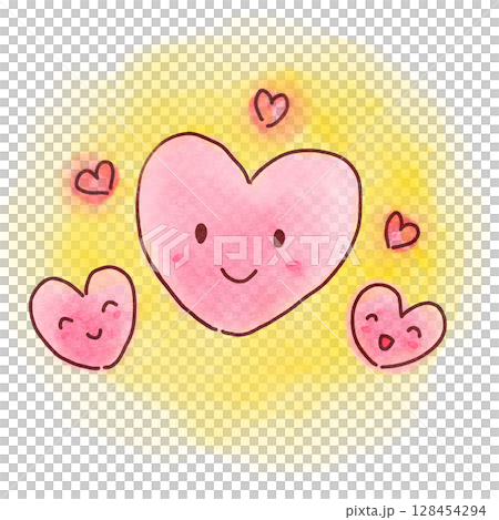 水彩風手描きのにっこり笑顔のハートたちのイラスト 128454294