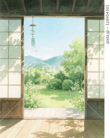 イラスト素材：縁側と風鈴、外に広がる夏の庭 128454305