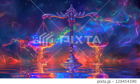 Celestial harmony captured in vibrant cosmic art, with timeless scales balancing light and energy against a stunning galactic 128454390