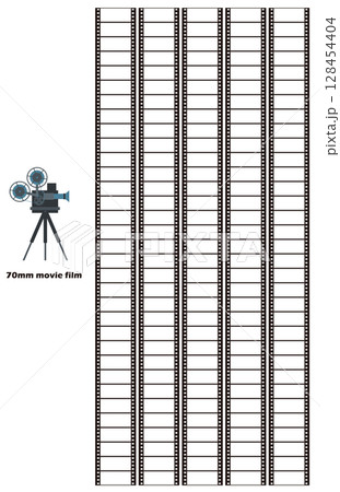 映画の映写機と連続する映画の70ミリフィルム　グラフィック素材 128454404